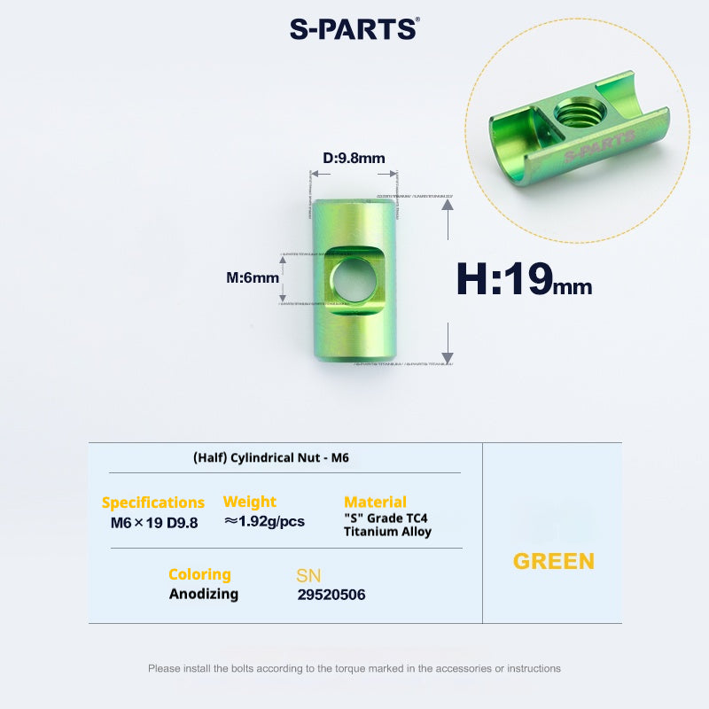 S-PARTS M6 티타늄 시트포스트 스텝다운 볼트 및 너트 키트 – 다양한 길이 및 색상