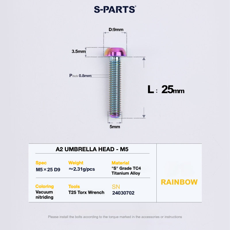 S-PARTS A2 Titanium UMBRELLA HEAD M5 x 8–34mm – TC4 Titanium Bike Hardware