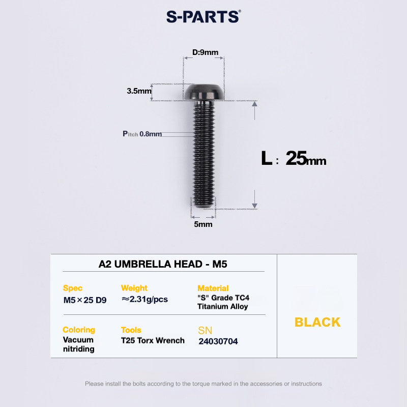 S-PARTS A2 Titanium UMBRELLA HEAD M5 x 8–34mm – TC4 Titanium Bike Hardware