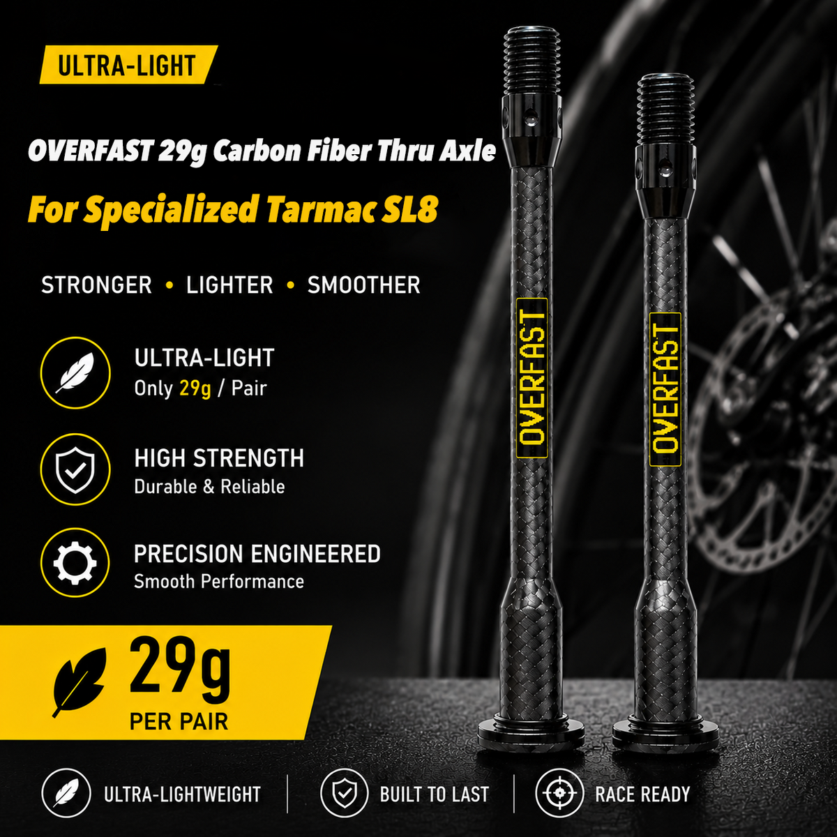 Jeu d'axes traversants ultra-légers en fibre de carbone OVERFAST 29g pour Specialized Tarmac SL8 SL9