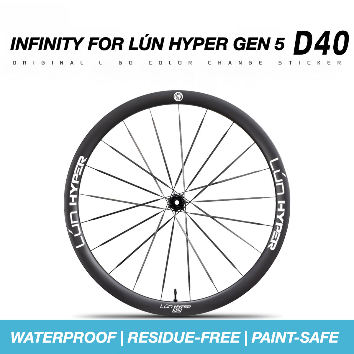 Autocollants Logo Infinity pour Roues Lún HYPER 5 D40 Gen 5 | Autocollants de Jante Imperméables (Jeu Complet pour Deux Roues + Autocollants de Rechange Inclus)