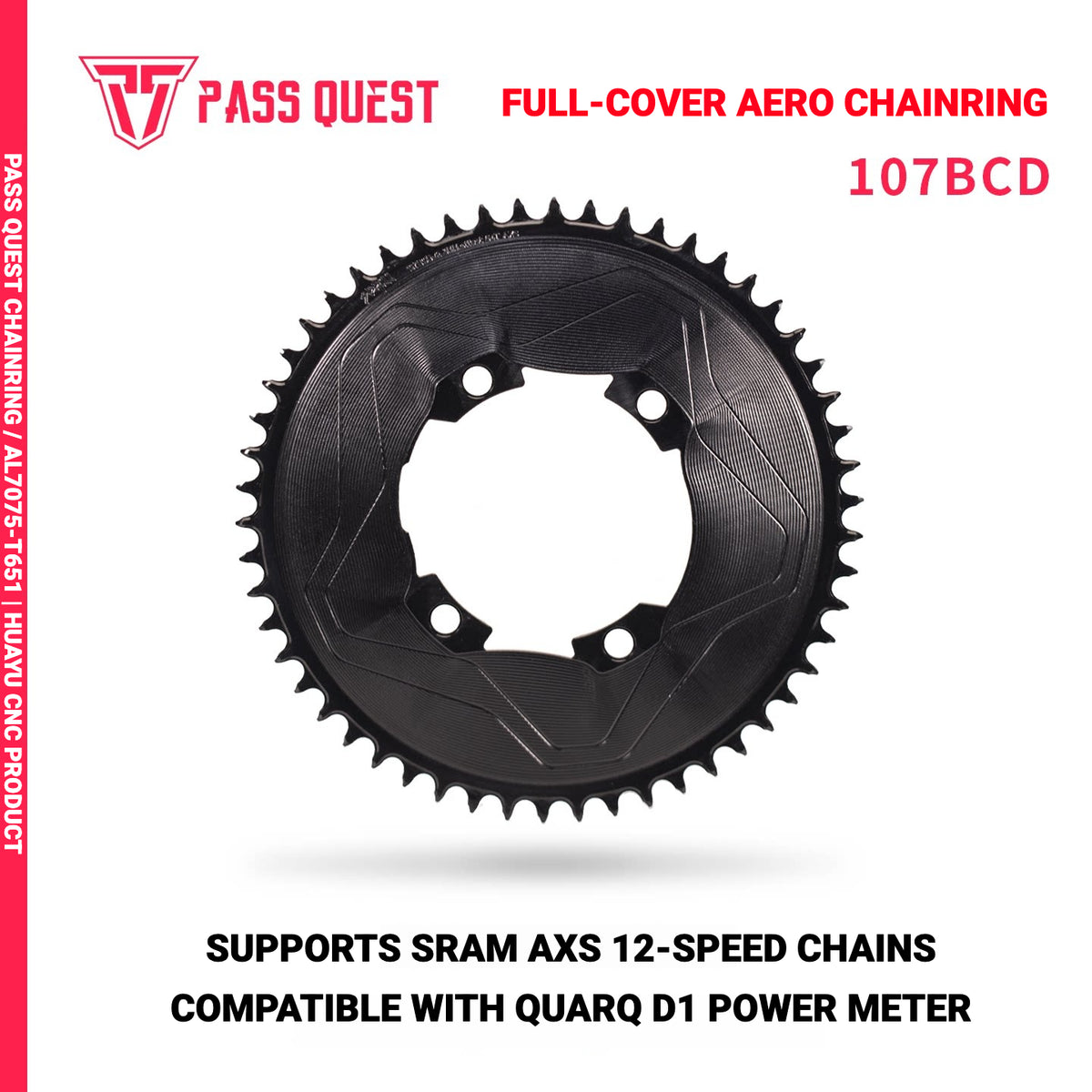 PASS QUEST 107 BCD Narrow-Wide Aero Chainring for Quarq D1 Power Meter | SRAM AXS 12-Speed | 40T–60T