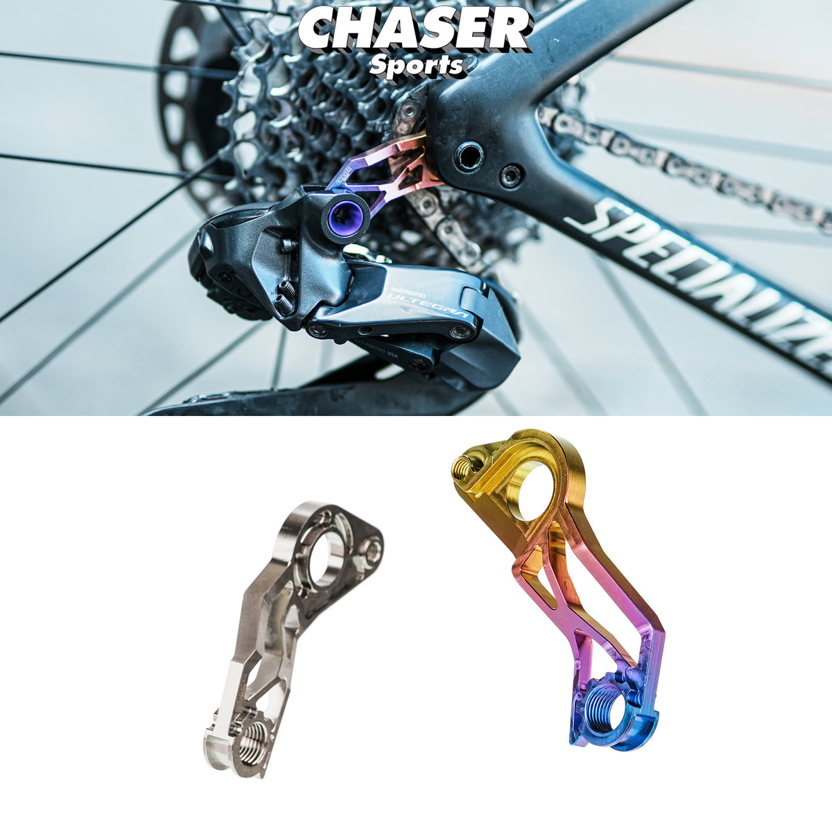Chaser X Patte de dérailleur arrière à montage direct Specialized | TC4 Titane CNC | Compatible avec cadres Aethos / Tarmac / CruX / Diverge / Roubaix / Shiv TT à frein à disque (Shimano uniquement, non compatible avec Allez)