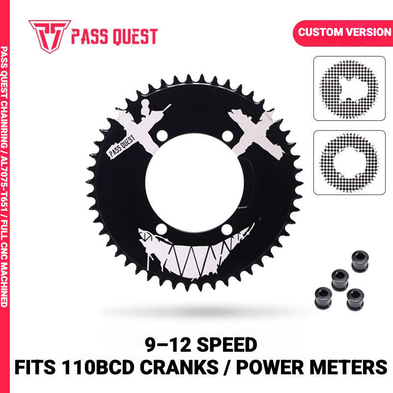 PASS QUEST Custom 110BCD Full-Profile Narrow-Wide Chainring | Checkerboard Devil Smile 1x Road Chainring