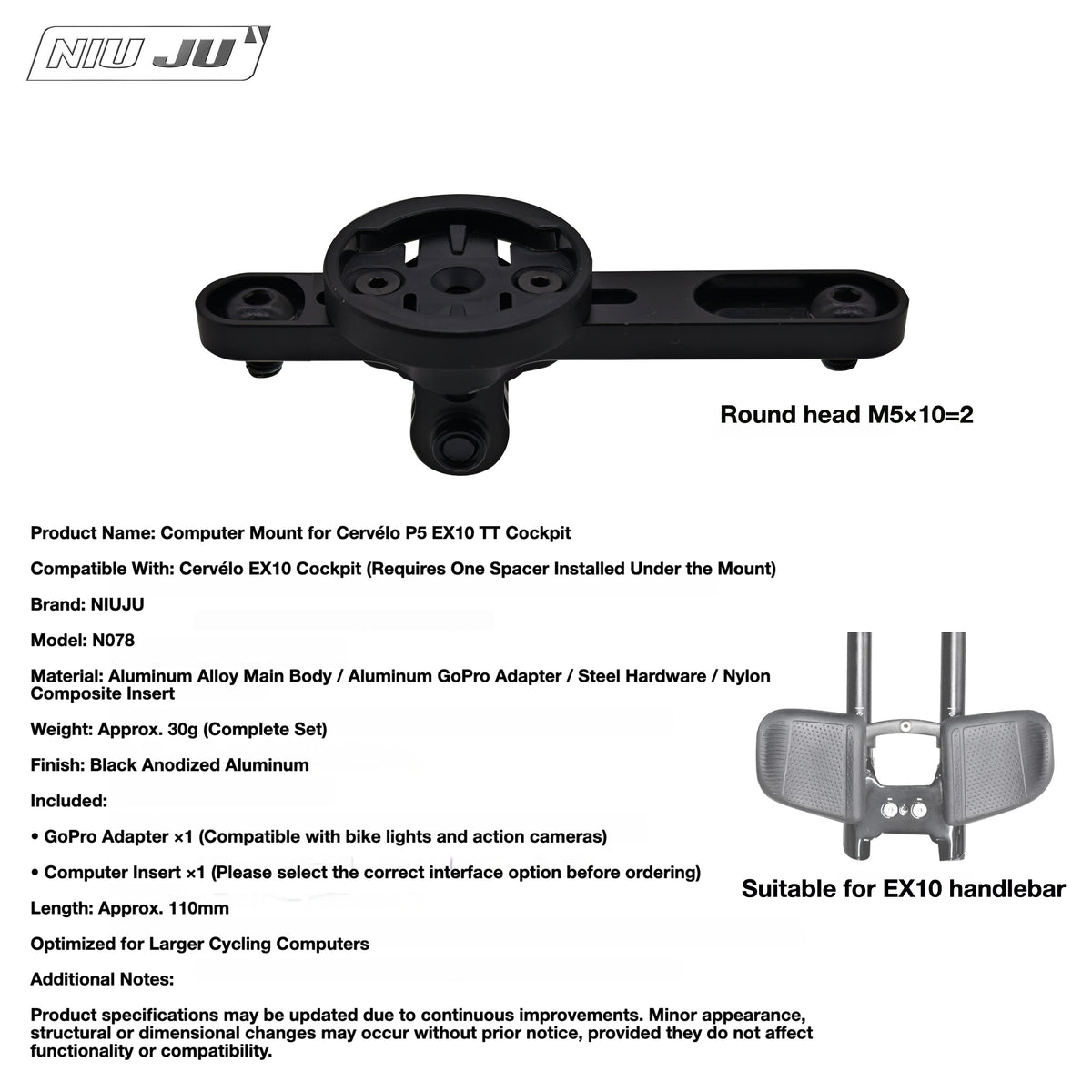 NIUJU Cervélo P5 EX10 TT Computer Mount | Garmin Wahoo GoPro & Bike Light Extension Mount