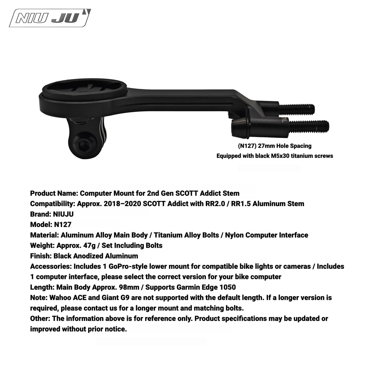 NIUJU Computer Mount for SCOTT SYNCROS RR2.0 / RR1.5 Stem | Addict Garmin Extension Mount