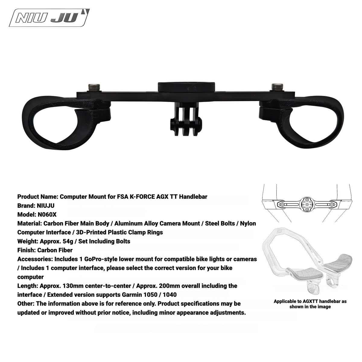 NIUJU Computer Mount for FSA K-FORCE AGX Aero Bar | Garmin Wahoo TT Extension Mount