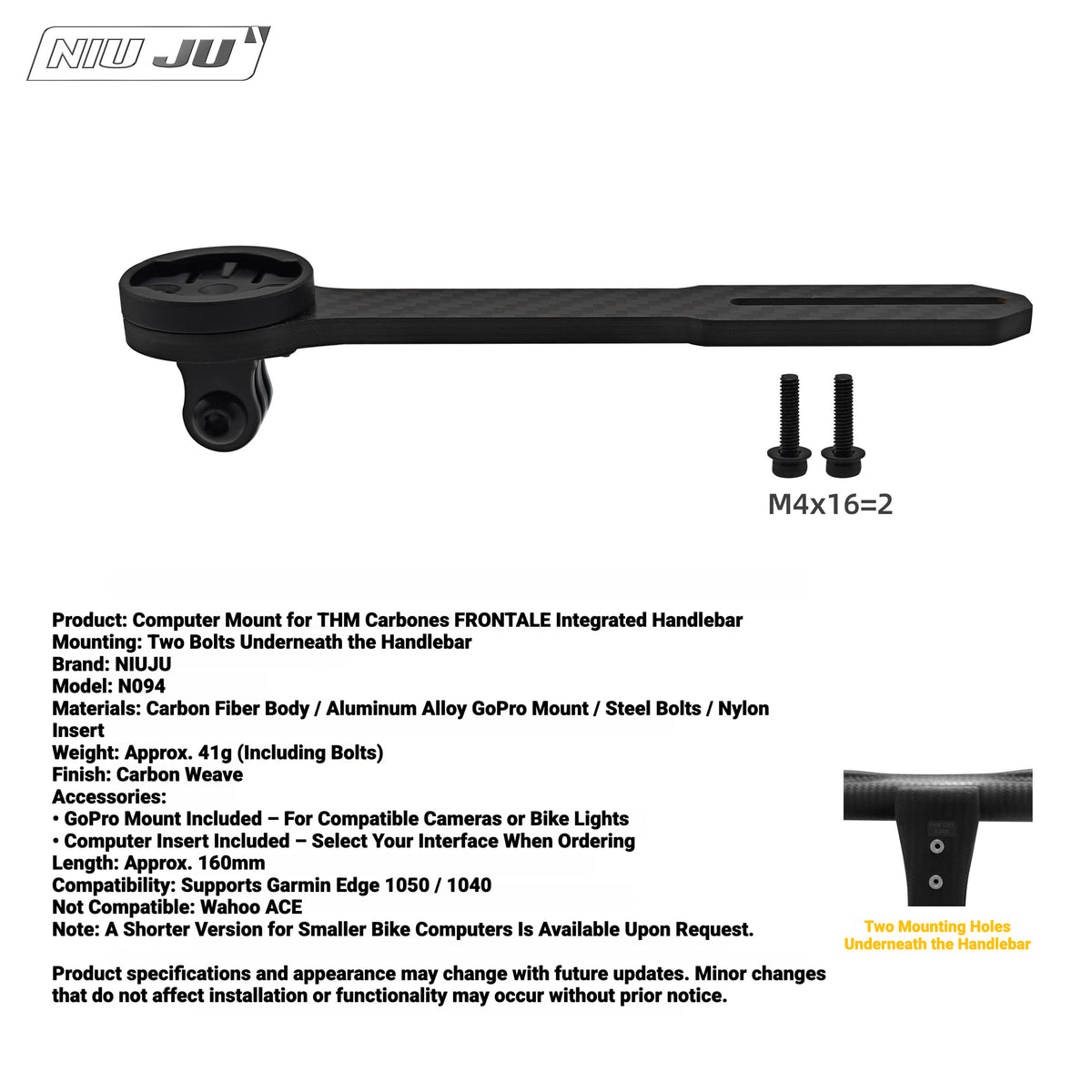 NIUJU Carbon Fiber Computer Mount for THM Carbones FRONTALE Integrated Handlebar | Garmin GoPro