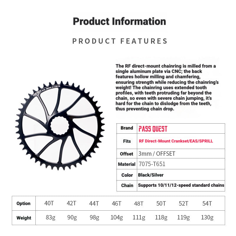 PASS QUEST 3mm Offset Direct Mount Narrow-Wide Chainring for Race Face / Easton | 40T–54T