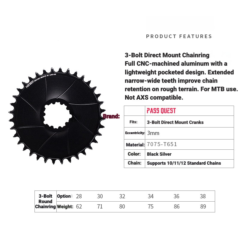 PASS QUEST 3-Bolt Direct Mount MTB Chainring for SRAM | 3mm Offset Narrow Wide 28T–38T