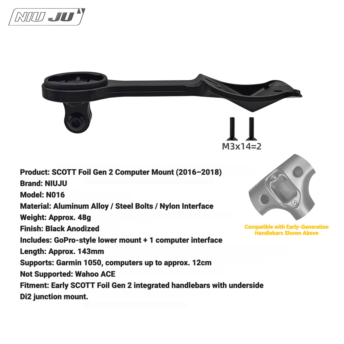 NIUJU Computer Mount for SCOTT Foil Gen 2 Integrated Handlebar | Garmin Wahoo Di2 Mount