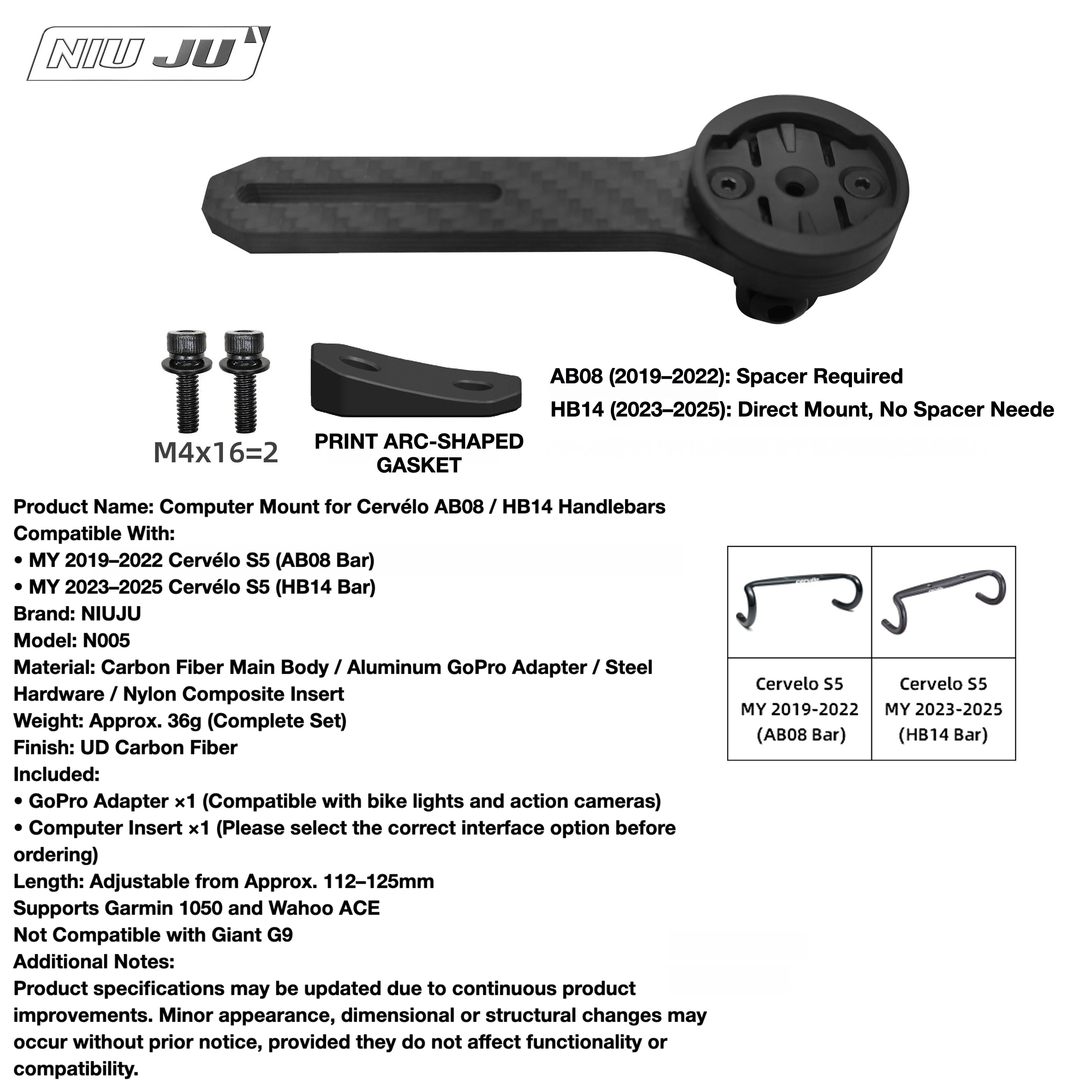 Cervélo S5 Computer Mount for AB08 HB14 Handlebars | 2019–2025