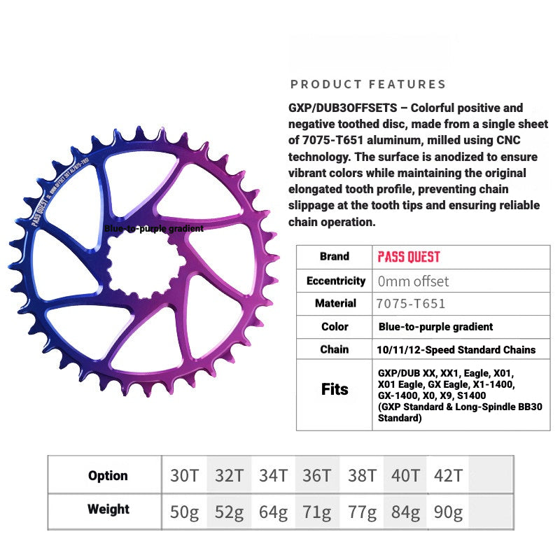 PASS QUEST GXP / DUB 3-Bolt Direct Mount Narrow-Wide MTB Chainring | 0mm Offset 30T–42T