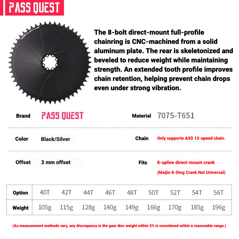 PASS QUEST SRAM AXS 8-Bolt Direct Mount Narrow-Wide Chainring | 3mm Offset 40T–54T