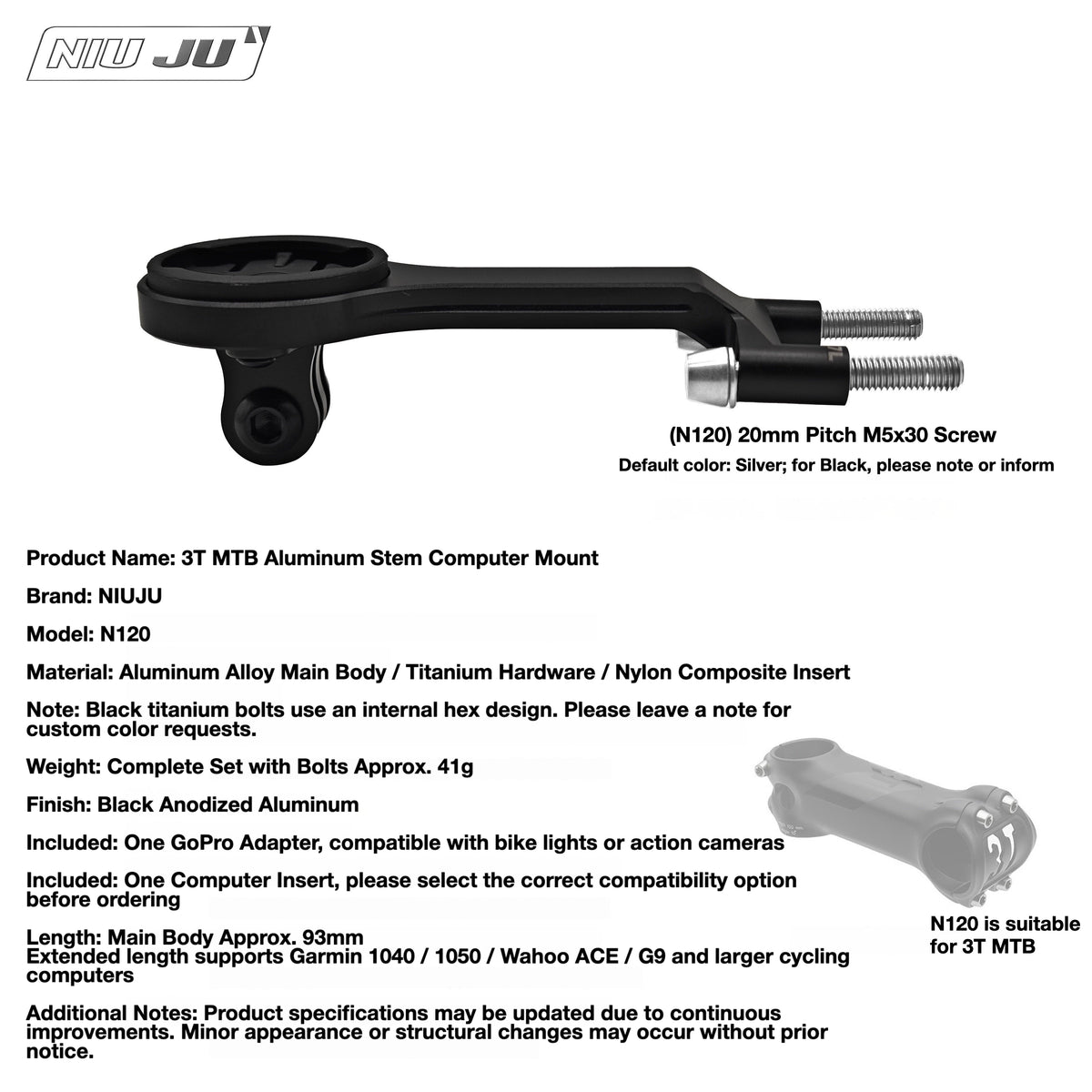 NIUJU 3T MTB Team Stealth Computer Mount | Garmin Wahoo Stem Extension Mount