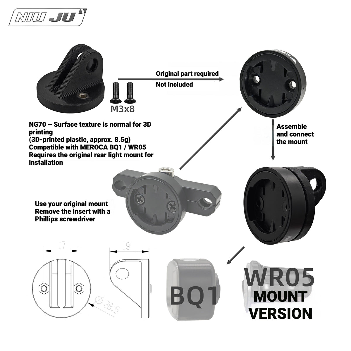 NIUJU NG70 Rear Light Adapter for MEROCA BQ1 / WR05 | GoPro-Style Mount