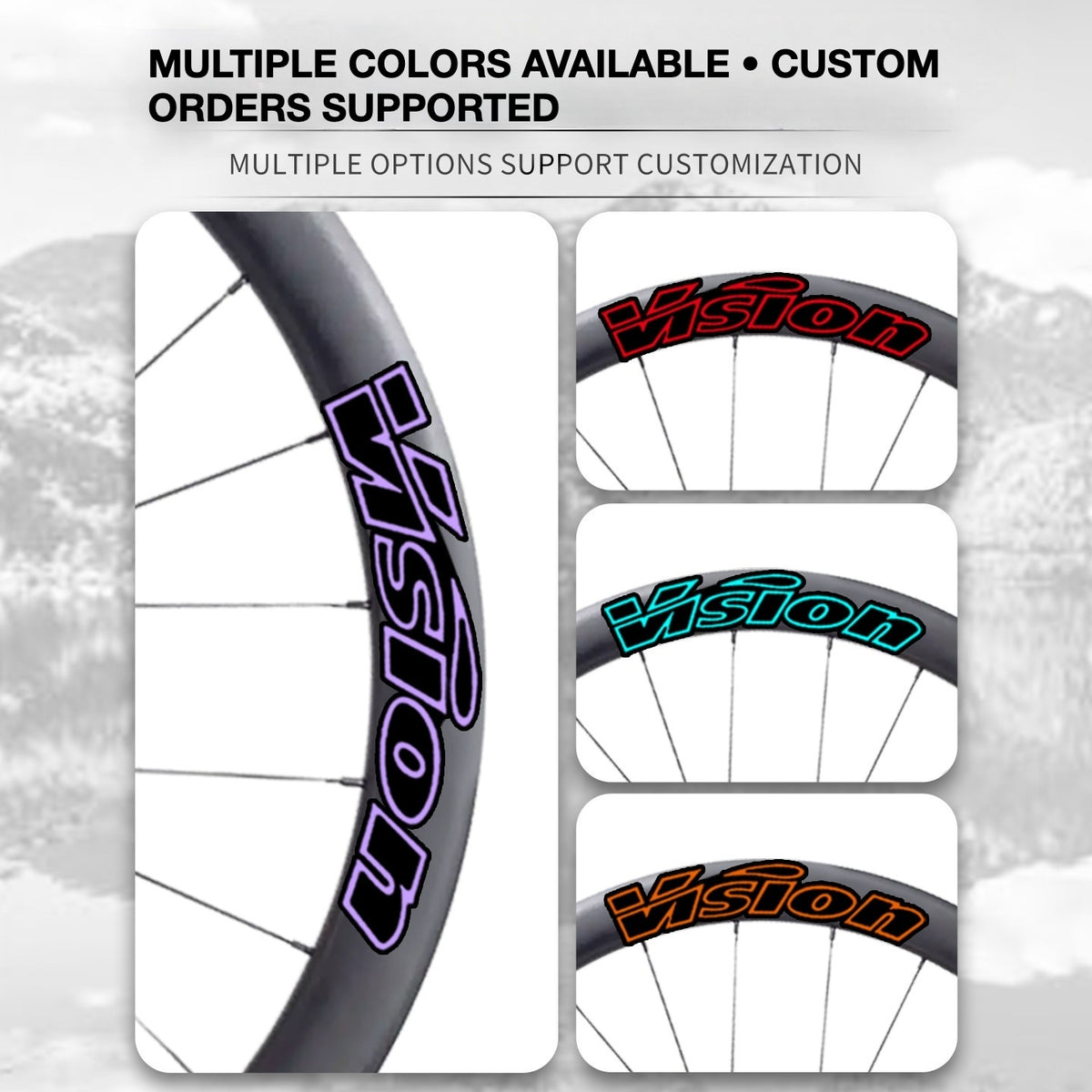 Kit d'autocollants personnalisés pour roues VISION SC45 | Stickers pour jantes de vélo de route en carbone (Kit complet pour paire de roues + autocollants de rechange inclus)