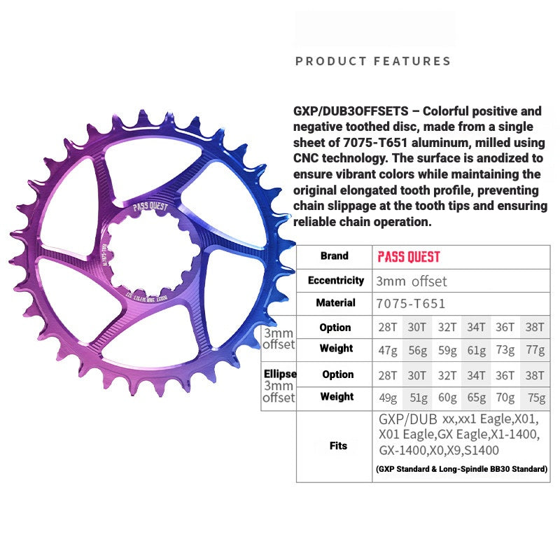 PASS QUEST SRAM GXP / DUB 3-Bolt Direct Mount Narrow-Wide Chainring | 3mm Offset 28T–38T