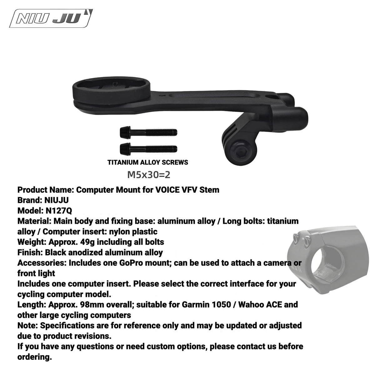NIUJU Computer Mount for VOICE VFV Stem | Integrated Garmin Wahoo Mount with Rear GoPro Interface