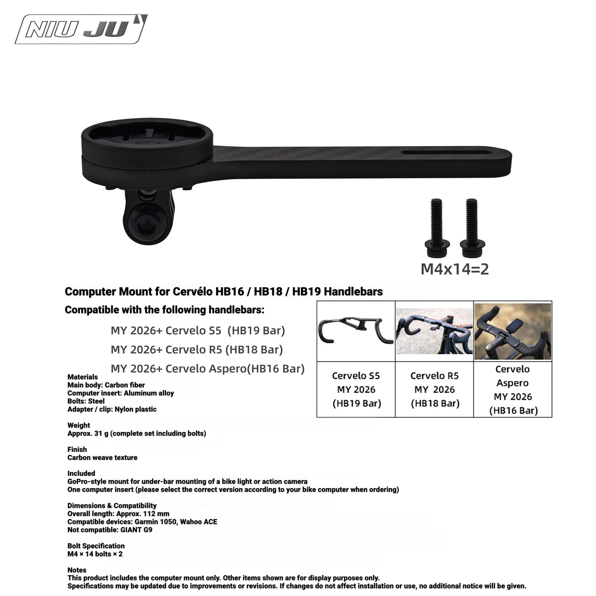 NIUJU  Carbon Computer Mount for Cervelo S5 / R5 / Aspero MY2026+ (HB19 / HB18 / HB16 Bars)
