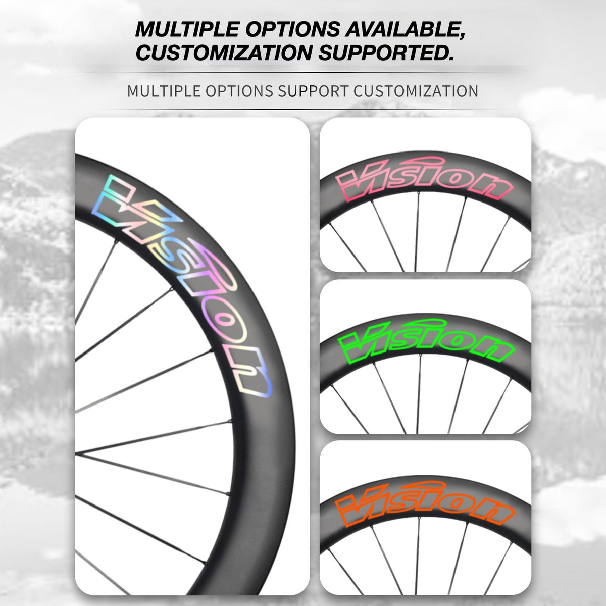 Kit d'autocollants personnalisés pour roues VISION METRON 60 RS | Stickers pour jantes de vélo de route en carbone (Kit complet pour paire de roues + jeu de rechange)