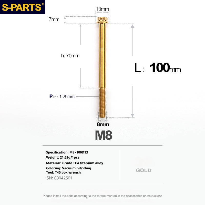 Tornillos de titanio dorados para motocicletas y automóviles SPARTS A3 Series M8 L10-120 mm