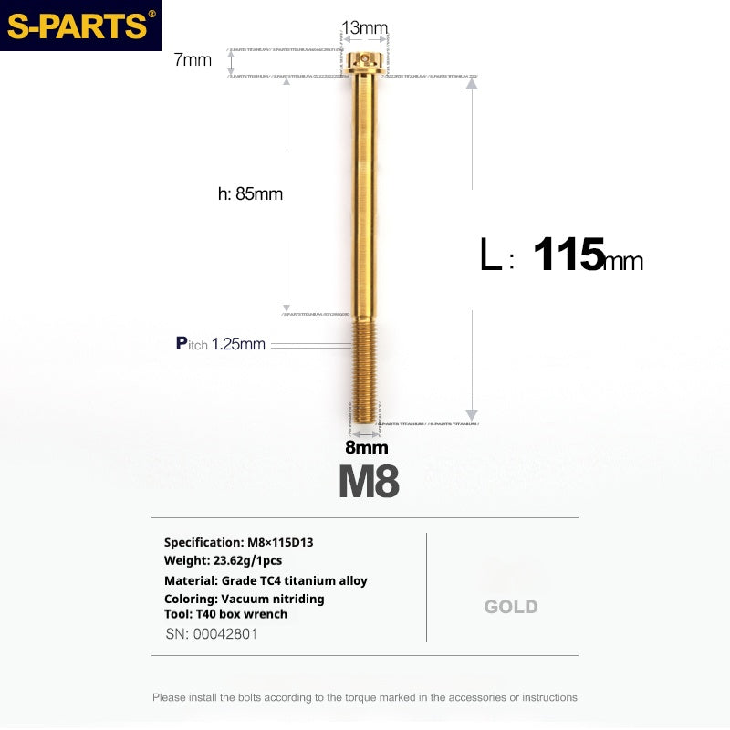 Tornillos de titanio dorados para motocicletas y automóviles SPARTS A3 Series M8 L10-120 mm