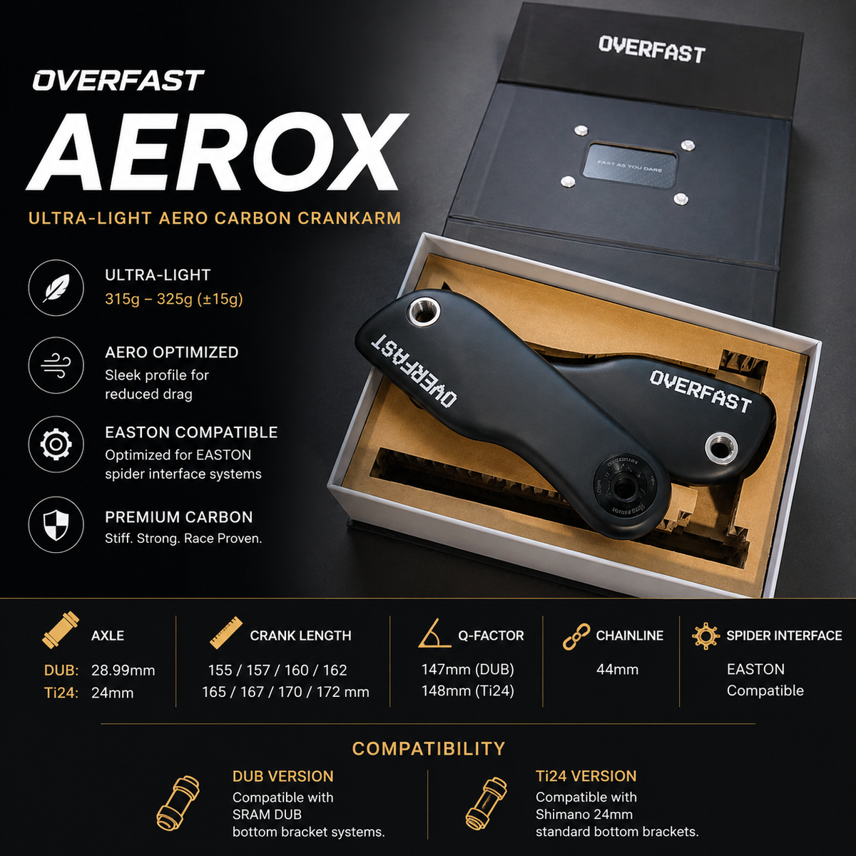 OVERFAST Aero Carbon Crankset for Road & TT Bikes | DUB / Ti24 | SRM & SIGEYI Compatible
