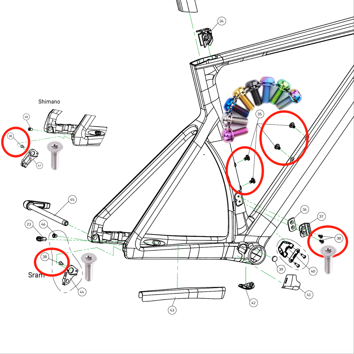 Compatible with Canyon Aeroad CFR/CF SLX – Full Titanium Bolt Upgrade Kit-Handlebar, Stem, Seatpost, Saddle, Derailleur