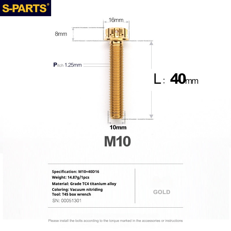 Tornillos de titanio SPARTS Golden A3 Series M10 L12-120 mm para motocicletas y automóviles