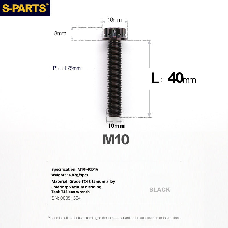 Viss en titane SPARTS série A3 M10 L12-120mm noir pour moto et auto