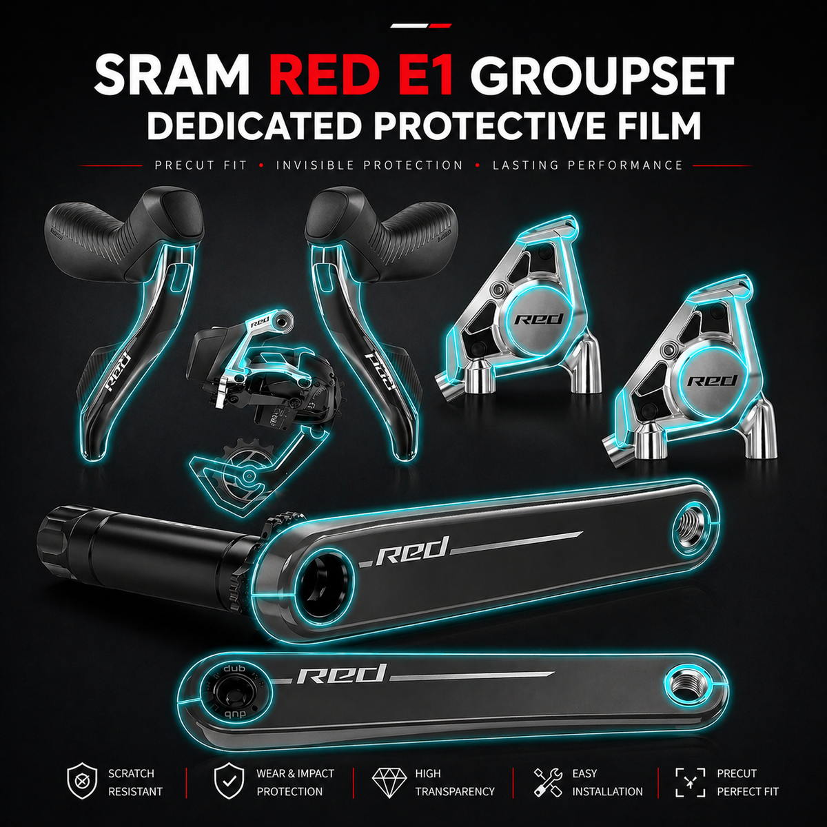 SRAM RED AXS 2024 Protection Film Kit – Road Bike Crankset Brake Caliper Rear Derailleur TPU Guard