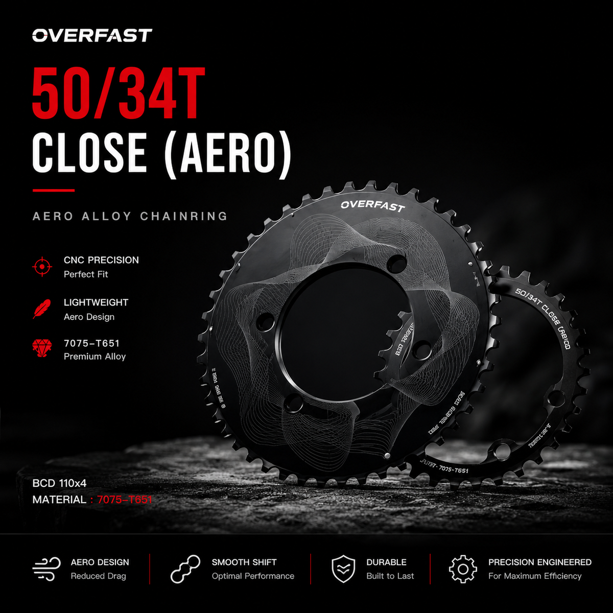 OVERFAST Aero & Lightweight Alloy Chainring Set | 50/34T & 52/36T | 110x4 BCD