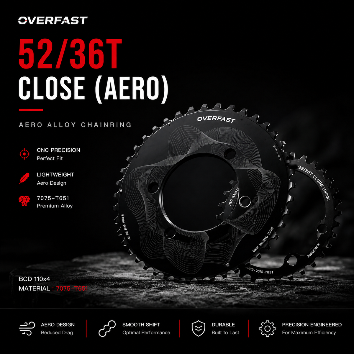 OVERFAST Aero & Lightweight Alloy Chainring Set | 50/34T & 52/36T | 110x4 BCD