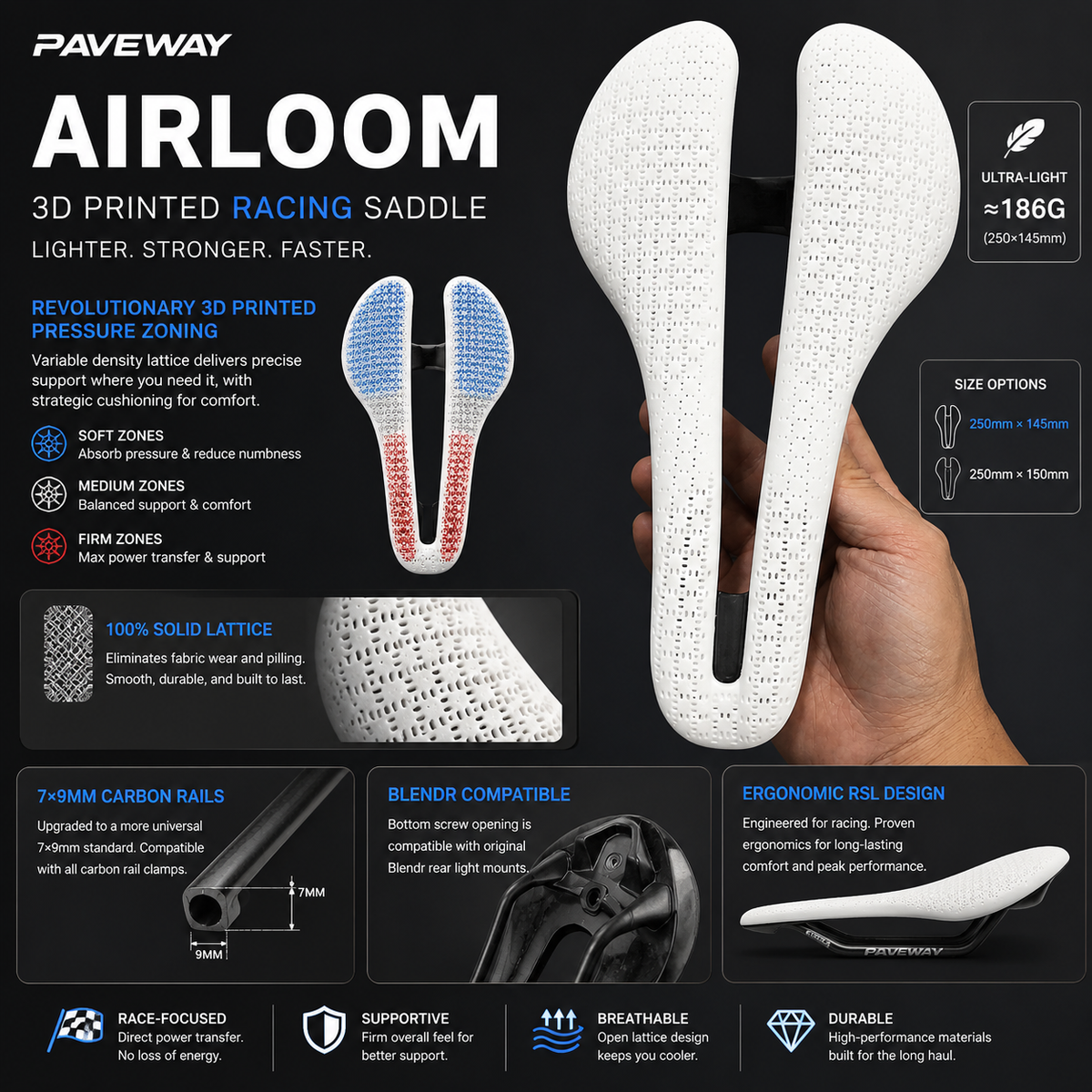 PAVEWAY 3D Printed Road Bike Saddle | Ultra-Light Carbon Rail Racing Seat