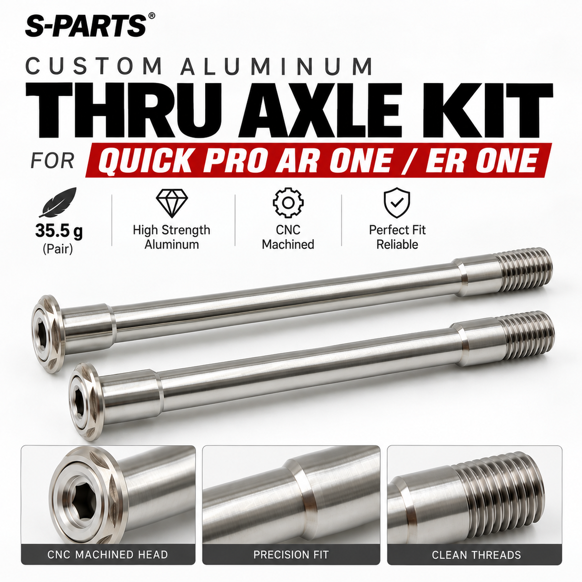 Custom Aluminum Thru Axle Kit for Quick Pro AR ONE / ER ONE – 35.5g, Anodized Colors