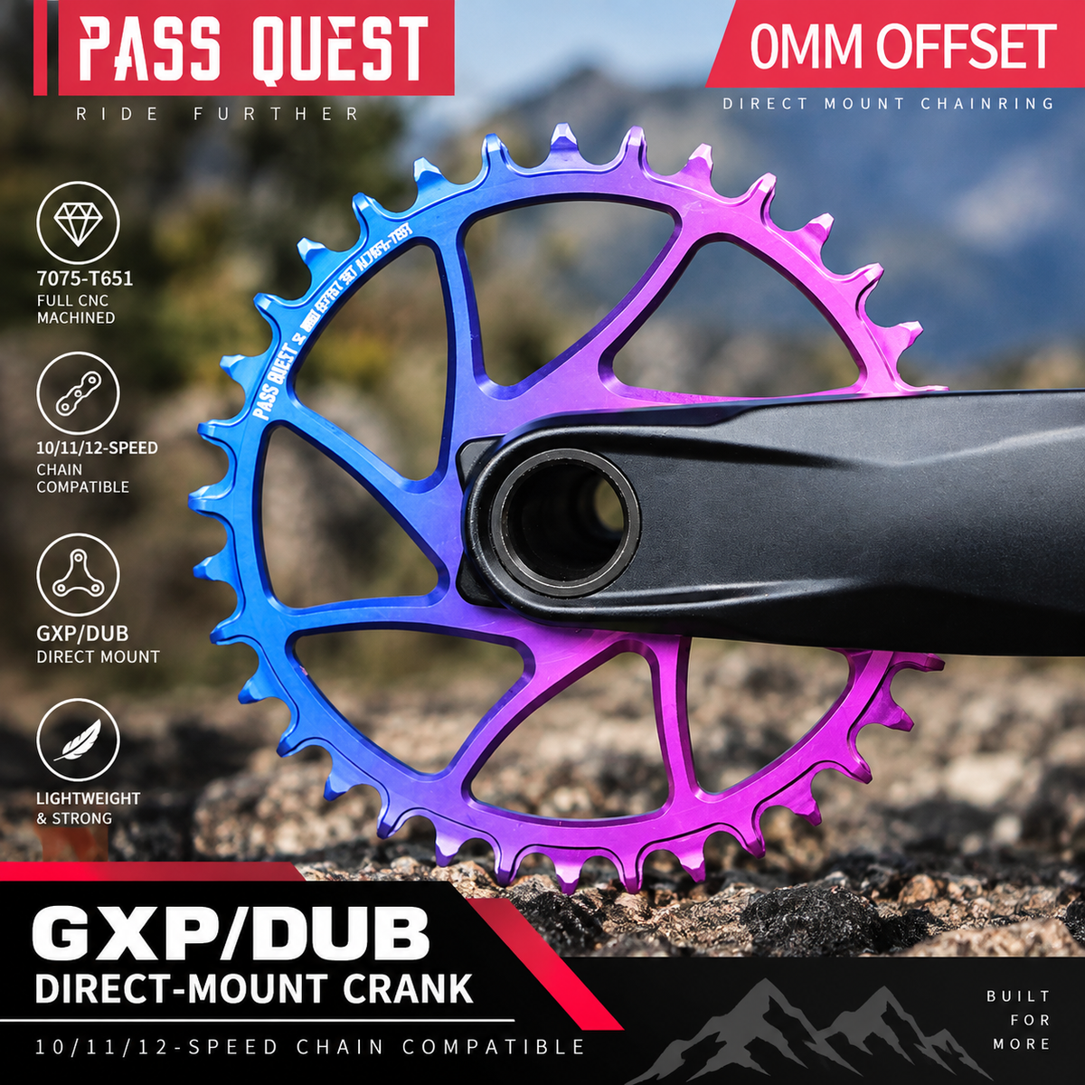 PASS QUEST GXP / DUB 3-Bolt Direct Mount Narrow-Wide MTB Chainring | 0mm Offset 30T–42T