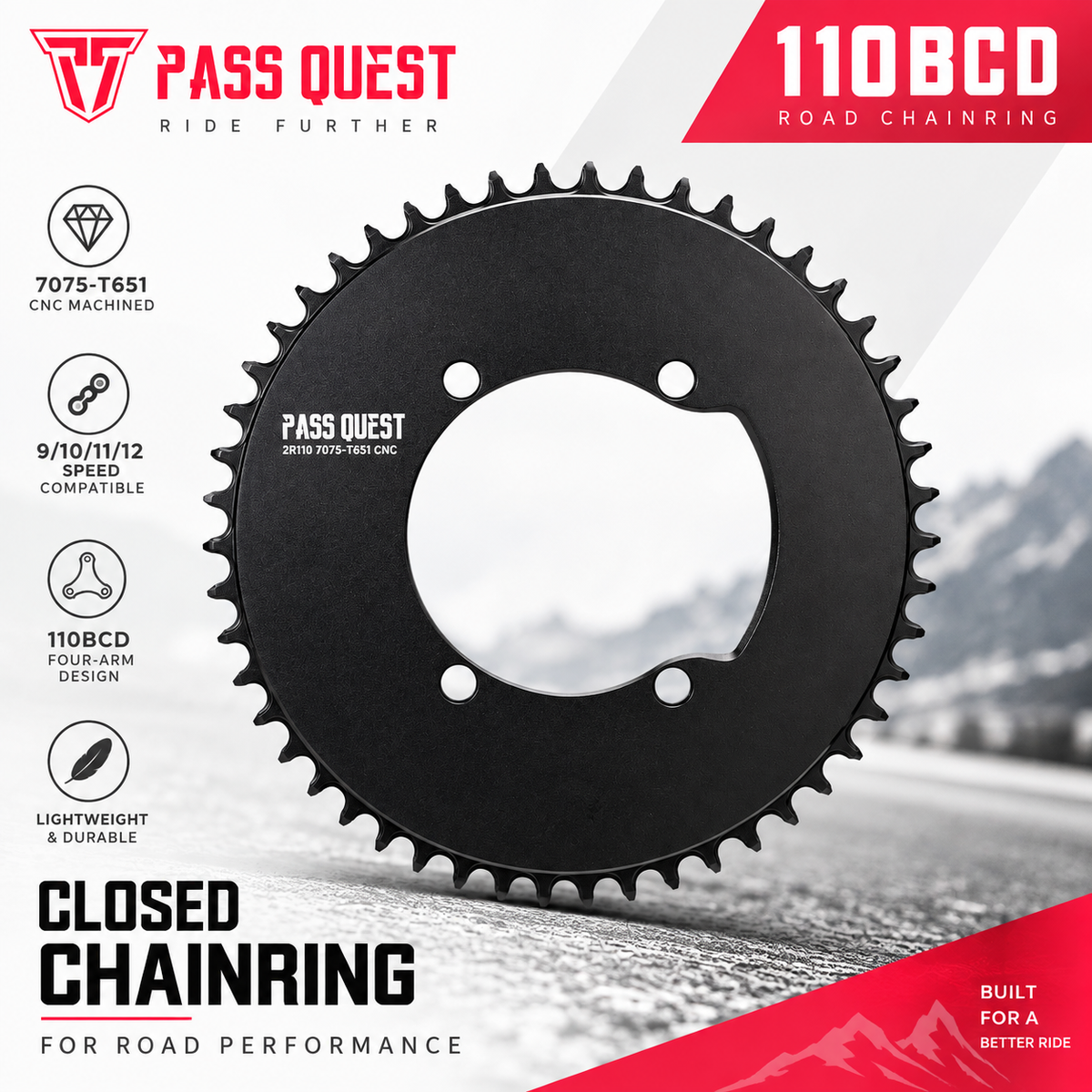 PASS QUEST 2R110 110BCD 4-Arm Narrow-Wide Road Chainring | Shimano Dura-Ace Ultegra 105 44T–60T
