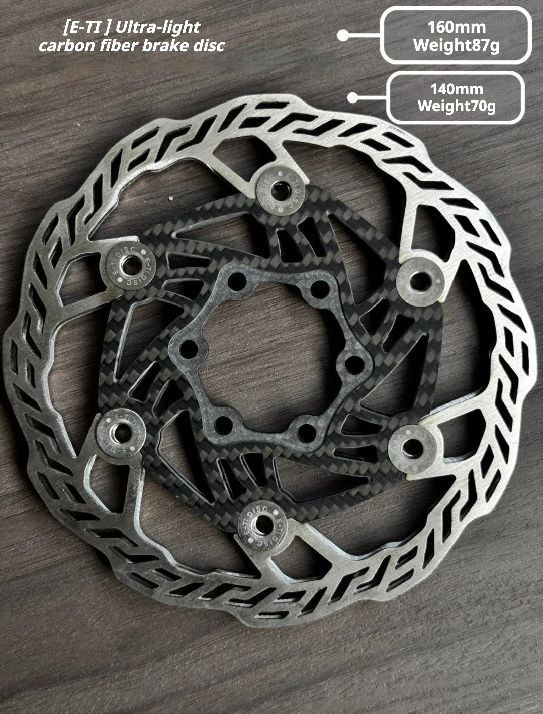 E-TI Ultra-Light Carbon Disc Brake Rotor | 160mm / 140mm | 87g / 66g | Titanium Rivets | Centerlock | High Hardness CNC Stainless Steel