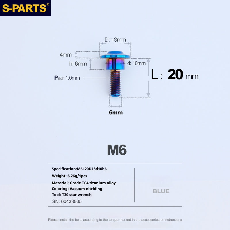 Tornillos de titanio azul M6 para cabezal de paraguas SPARTS A3 para motocicleta y automóvil