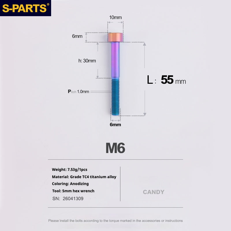 S-PARTS M6x30/40/35/50/60/70 Cubierta de dirección Pinza de freno de disco Tornillo de cabeza de vástago de aleación de titanio