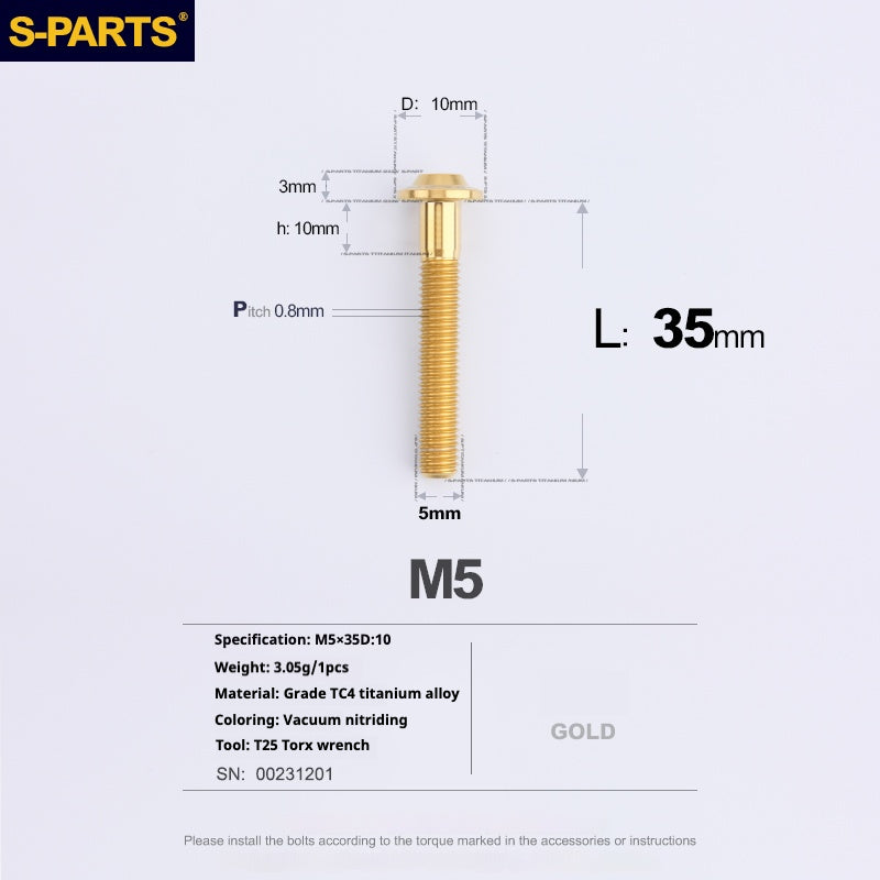 S-PARTS A3 Cabeza de paraguas M5 L06-55 mm D10 Tornillo de titanio para motocicleta y vehículo eléctrico