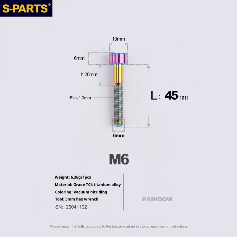 S-PARTS M6x30/40/35/50/60/70 Cubierta de dirección Pinza de freno de disco Tornillo de cabeza de vástago de aleación de titanio