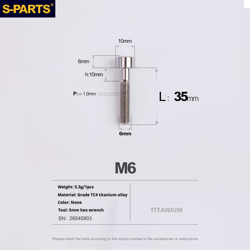 S-PARTS M6x30/40/35/50/60/70 Cubierta de dirección Pinza de freno de disco Tornillo de cabeza de vástago de aleación de titanio