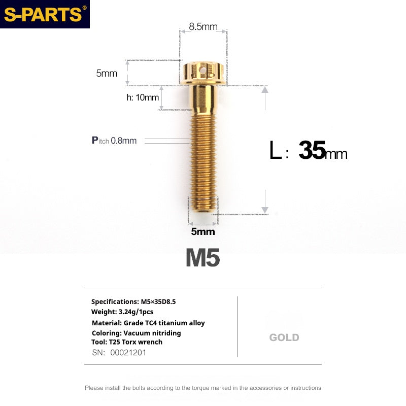 Tornillos de titanio dorados SPARTS Golden A3 Series M5 L06-95 mm para motocicletas y automóviles