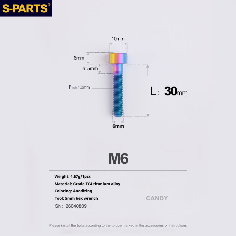 S-PARTS M6x30/40/35/50/60/70 Cubierta de dirección Pinza de freno de disco Tornillo de cabeza de vástago de aleación de titanio