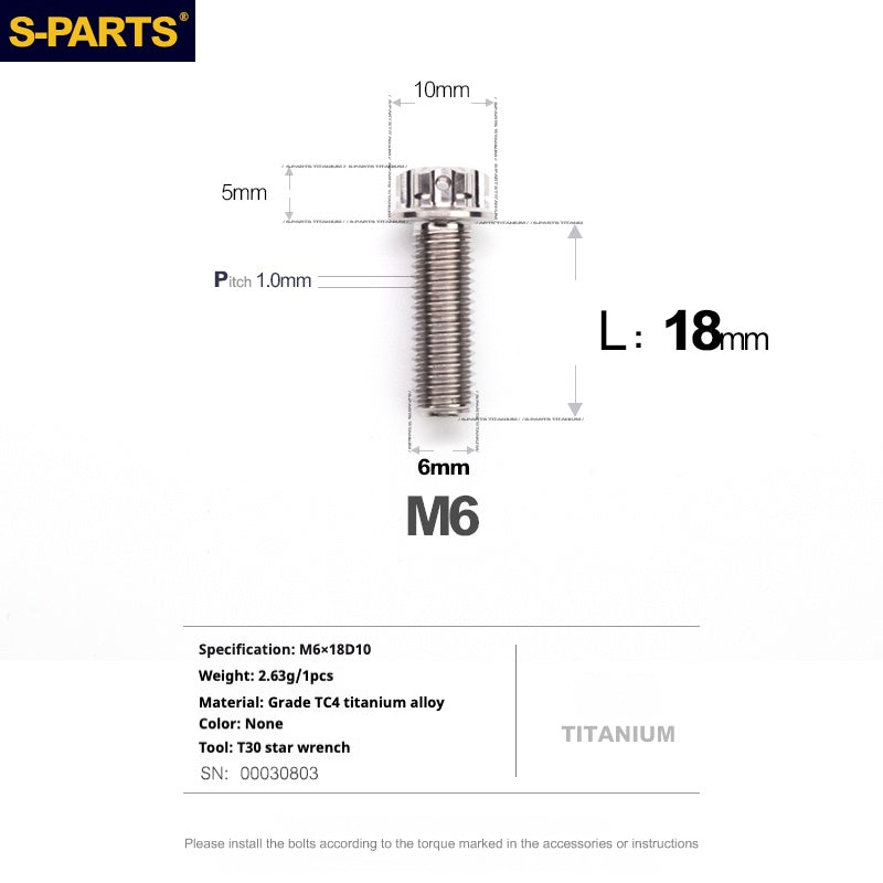 SPARTS A3 Série M6 L08-120mm Vis Titane Couleur Titane Moto Auto