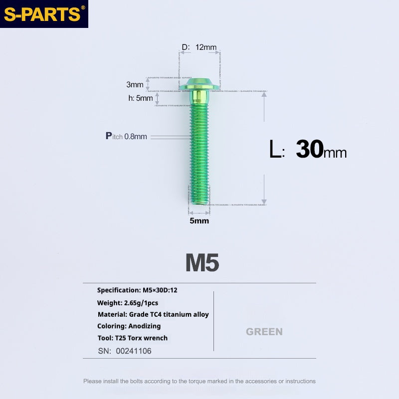 S-PARTS M5 10-30MM Motocicleta Vehículo Eléctrico A3 Nuevo Cabezal de Paraguas Tornillo de Aleación de Titanio D12
