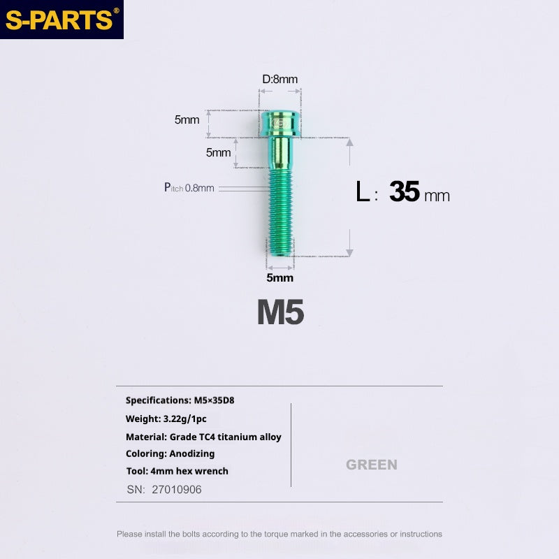 S-PARTS Vis en alliage de titane M5x10-35mm à tête cylindrique, ultra légère