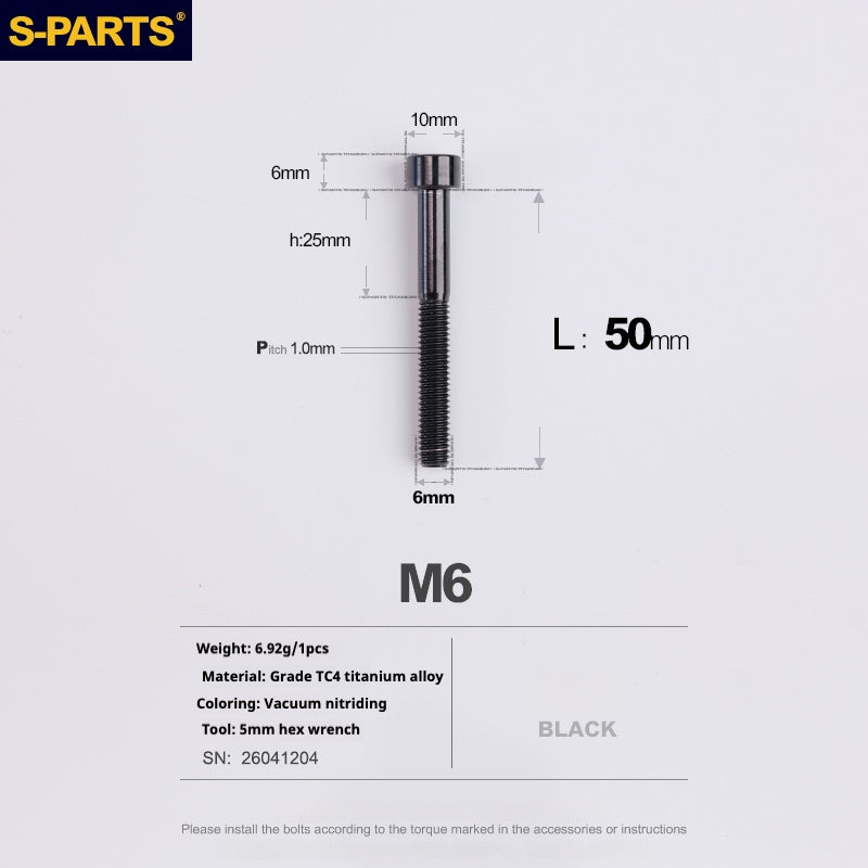 S-PARTS M6x30/40/35/50/60/70 Cubierta de dirección Pinza de freno de disco Tornillo de cabeza de vástago de aleación de titanio